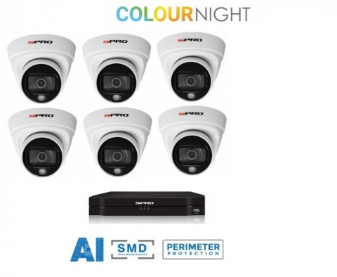 8 ch recorder met SPRO 6 x 2MP IP-turret kleur nachtzicht camera