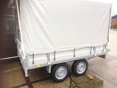 nieuwe dubbelas plateauwagen 2 x 1000 kg met huif   ongeremd 2 56 m  x